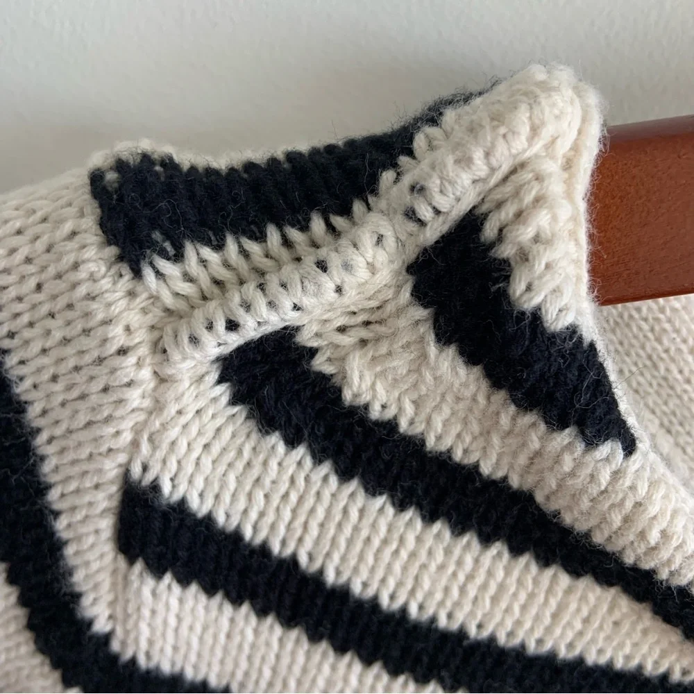 Marled Black and White Crew Neck Sweater with Nautical Stripes Size M - Picture 3 of 12